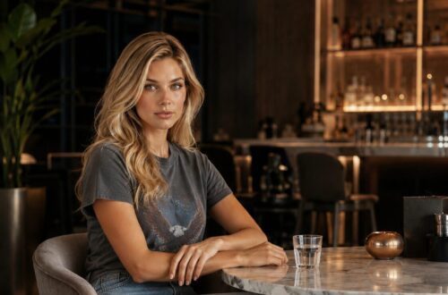 Blonde woman in a gray T-shirt and jeans sitting alone at a modern bar table