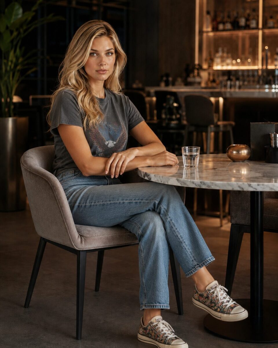 Blonde woman in a gray T-shirt and jeans sitting alone at a modern bar table