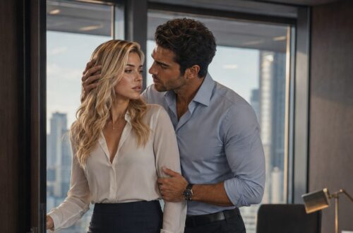 Blonde woman and dark-haired man standing close together in a modern office