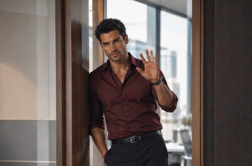 Dark-haired man in a burgundy shirt leaning in an office doorway and raising one hand