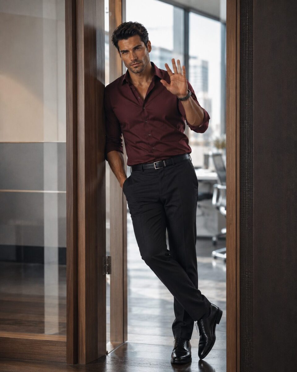 Dark-haired man in a burgundy shirt leaning in an office doorway and raising one hand