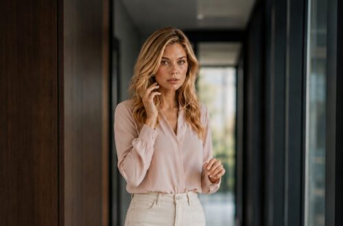 Blonde businesswoman standing shocked in an office hallway with her phone dropped on the floor