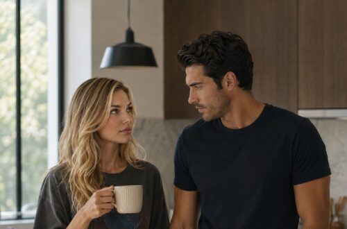 Blonde woman holding a mug beside a dark-haired man at a kitchen island set for breakfast