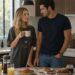 Blonde woman holding a mug beside a dark-haired man at a kitchen island set for breakfast