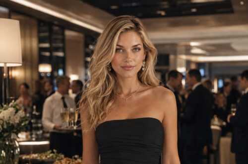Blonde woman in a strapless black dress at an elegant company celebration