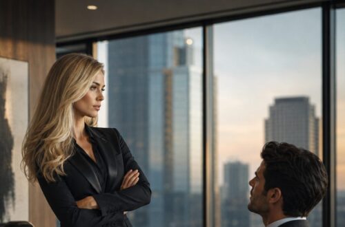 Blonde businesswoman in a black suit standing with crossed arms beside a seated man in a high-rise office