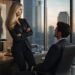 Blonde businesswoman in a black suit standing with crossed arms beside a seated man in a high-rise office
