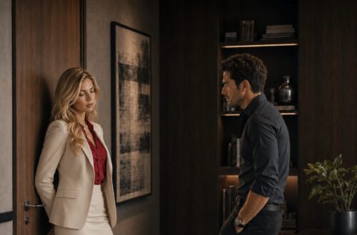 Blonde woman and dark-haired man together in the final romantic scene of their story