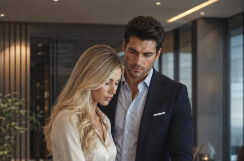 Blonde woman signing a document at an office reception desk with a dark-haired man standing close behind her