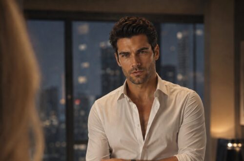 Blonde businesswoman facing a dark-haired man alone in a modern office after hours