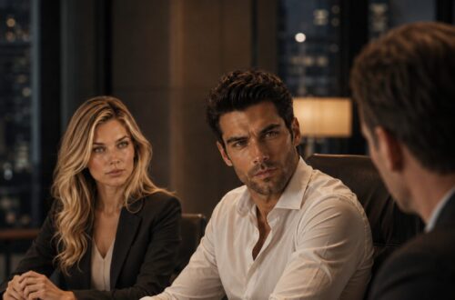 Blonde businesswoman and dark-haired man during a tense corporate meeting