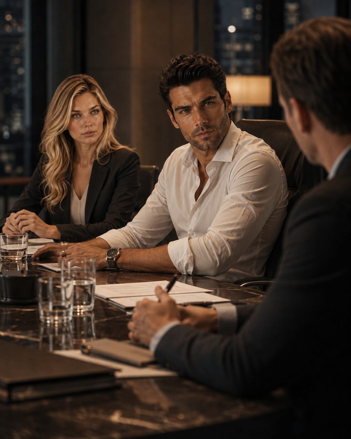 Blonde businesswoman and dark-haired man during a tense corporate meeting
