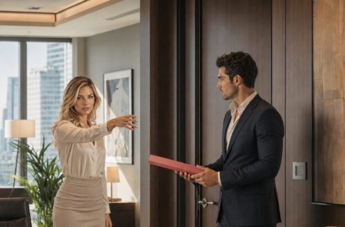 Blonde businesswoman talking to a receptionist at a modern office reception desk