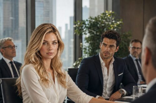 Blonde businesswoman and dark-haired man at a corporate meeting with colleagues