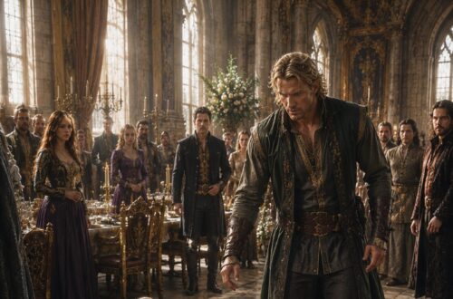 Lili and King Mark during a dramatic moment in a crowded castle hall