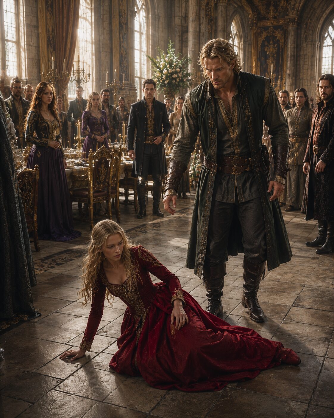 Lili and King Mark during a dramatic moment in a crowded castle hall
