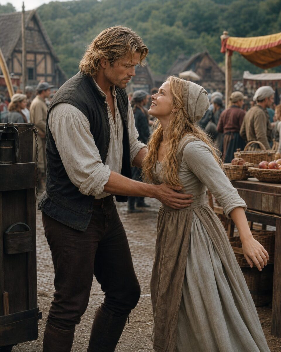 Lili and King Mark together outside the castle walls