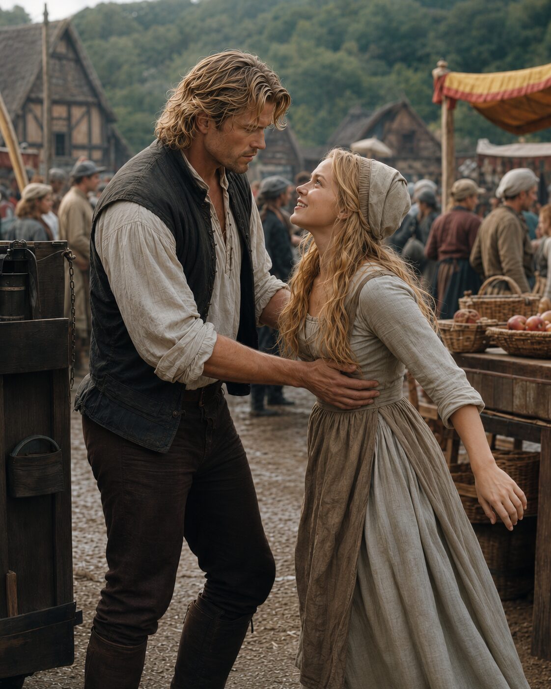 Lili and King Mark together outside the castle walls
