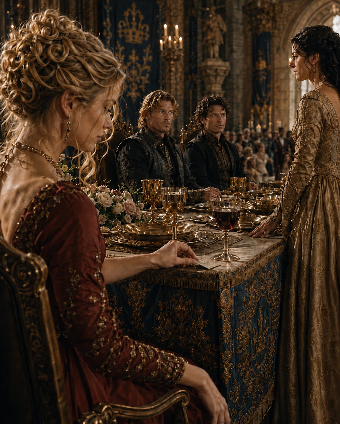 King Mark leaning toward seated Lili as he tries to see her face