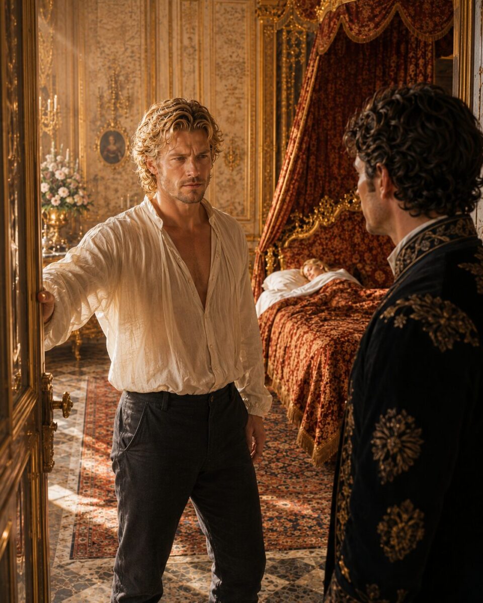 Two men confronting each other in an ornate royal bedchamber