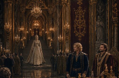 Woman standing on the steps of a grand throne room before a gathered court