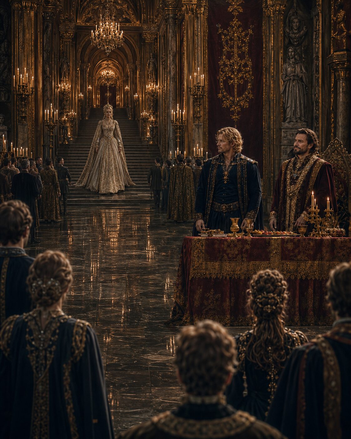 Woman standing on the steps of a grand throne room before a gathered court