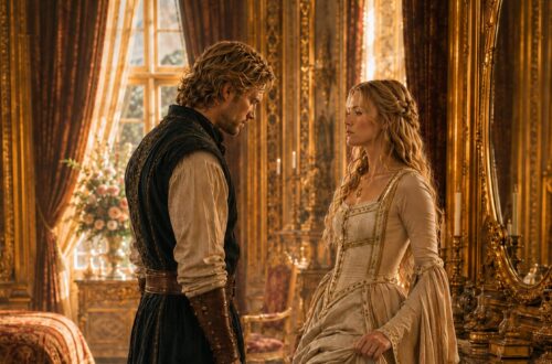 Blonde woman facing a blond man in an ornate royal chamber