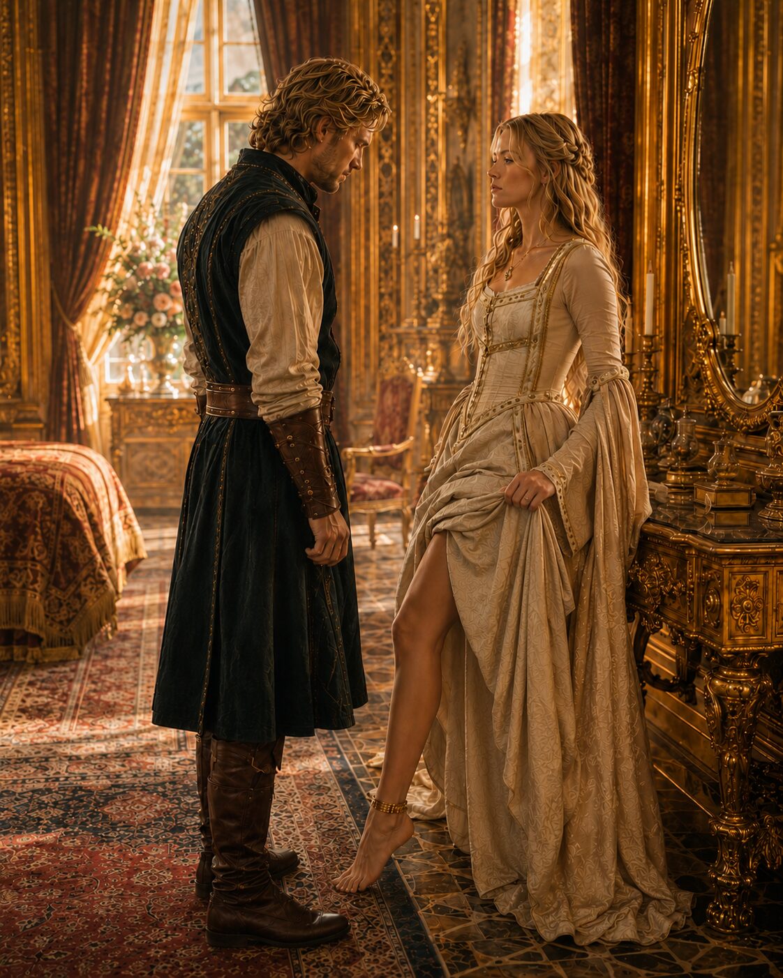 Blonde woman facing a blond man in an ornate royal chamber