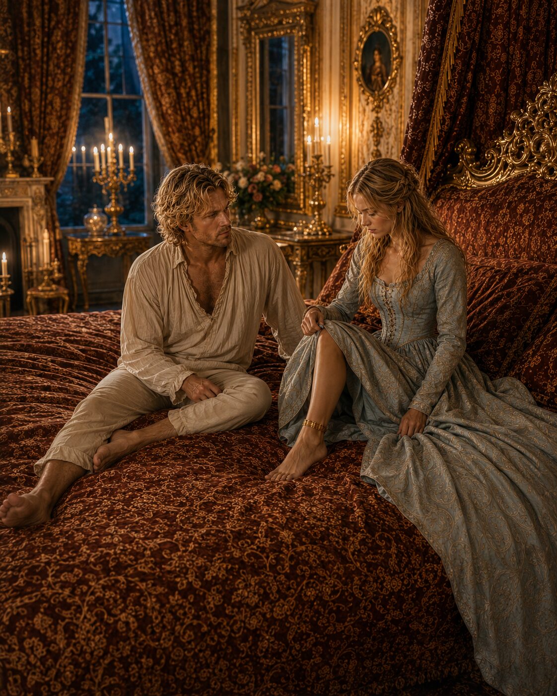 Blonde woman and blond man sitting together on a bed in a royal chamber