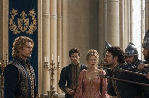 Lili standing between two men beside a banquet table in a crowded royal hall