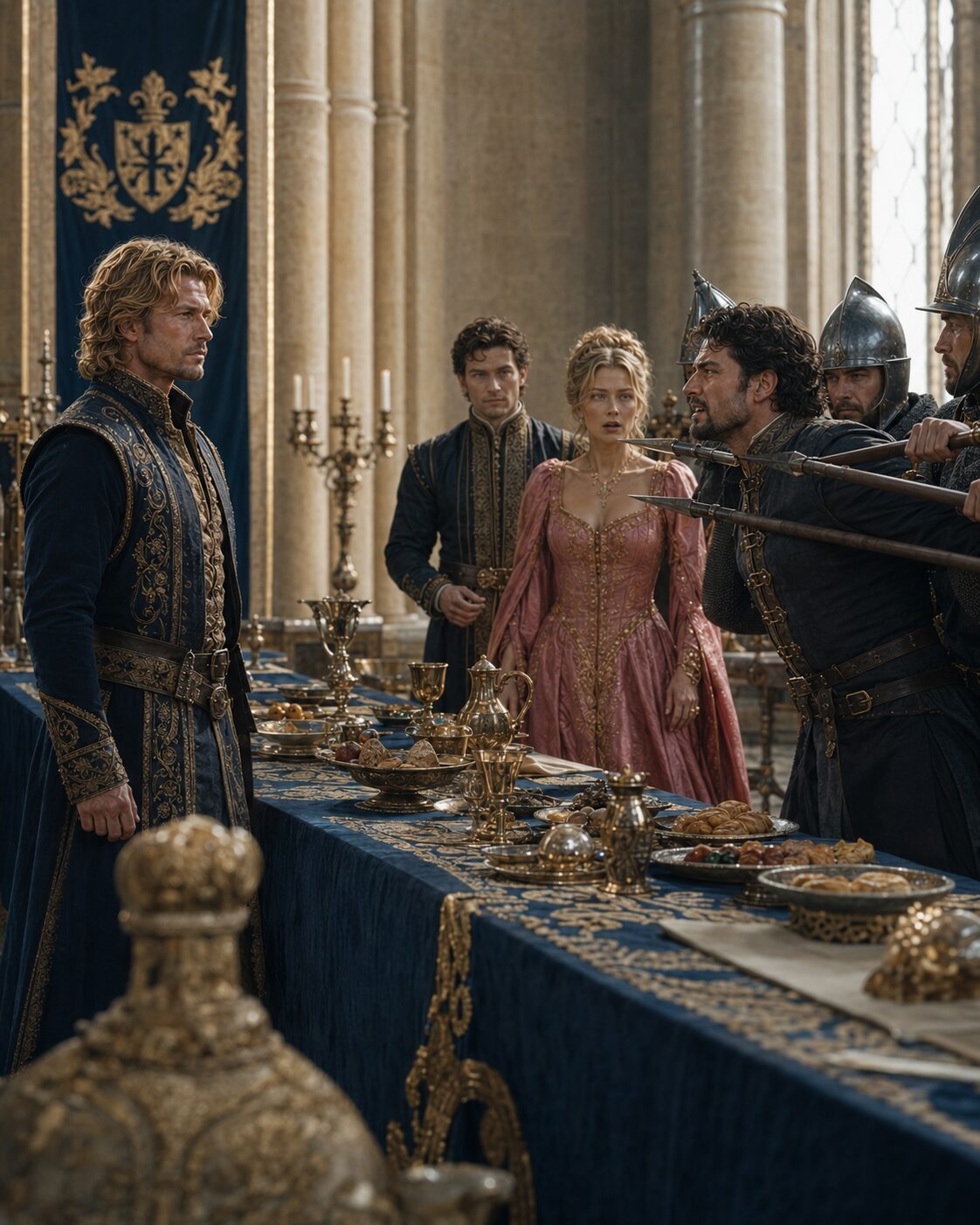 Lili standing between two men beside a banquet table in a crowded royal hall