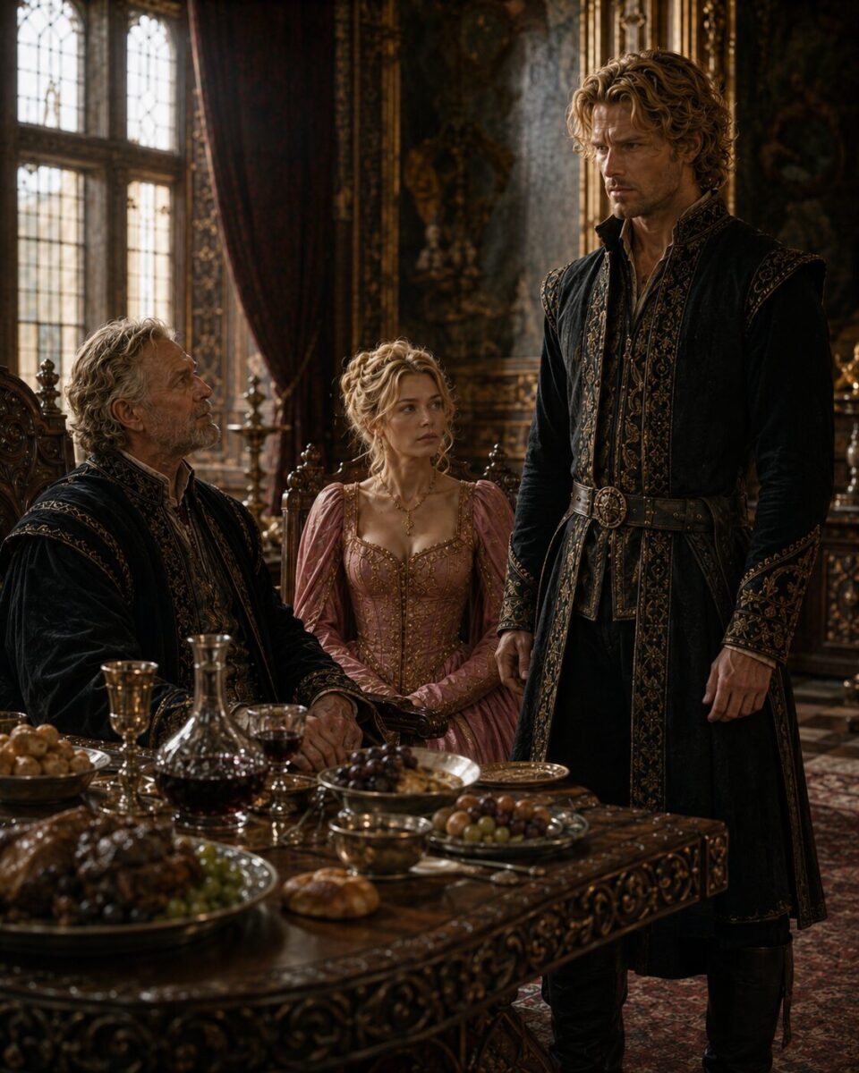 Blonde woman seated at a banquet table with two men in a royal chamber