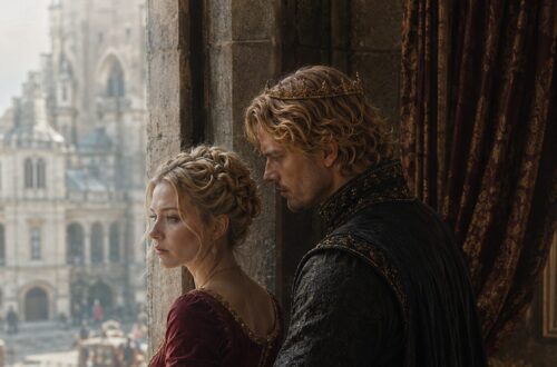 Blond man embracing a woman in a burgundy gown beside a palace window