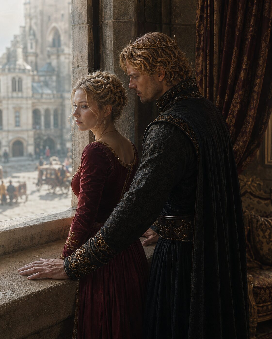 Blond man embracing a woman in a burgundy gown beside a palace window
