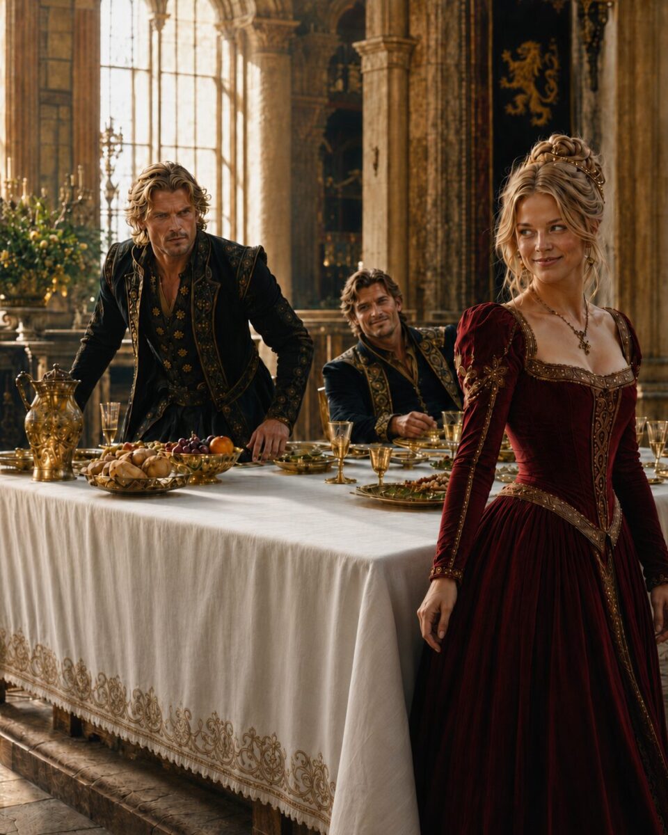Woman in a burgundy gown walking away from two men beside a banquet table