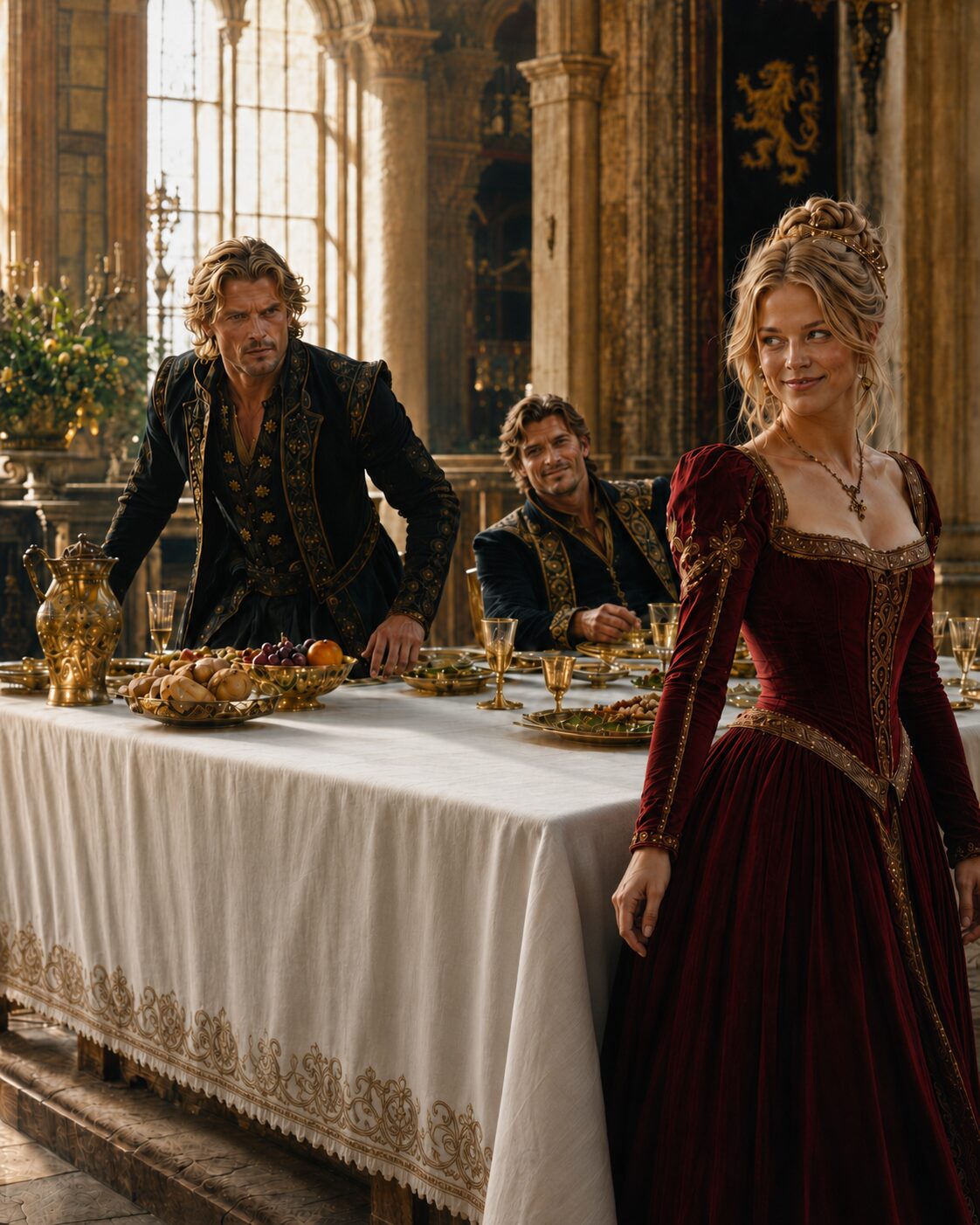 Woman in a burgundy gown walking away from two men beside a banquet table