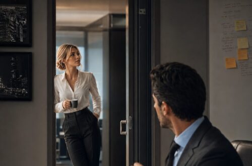 Lucia stands in the doorway of Lucas's office while he watches her from behind his desk.