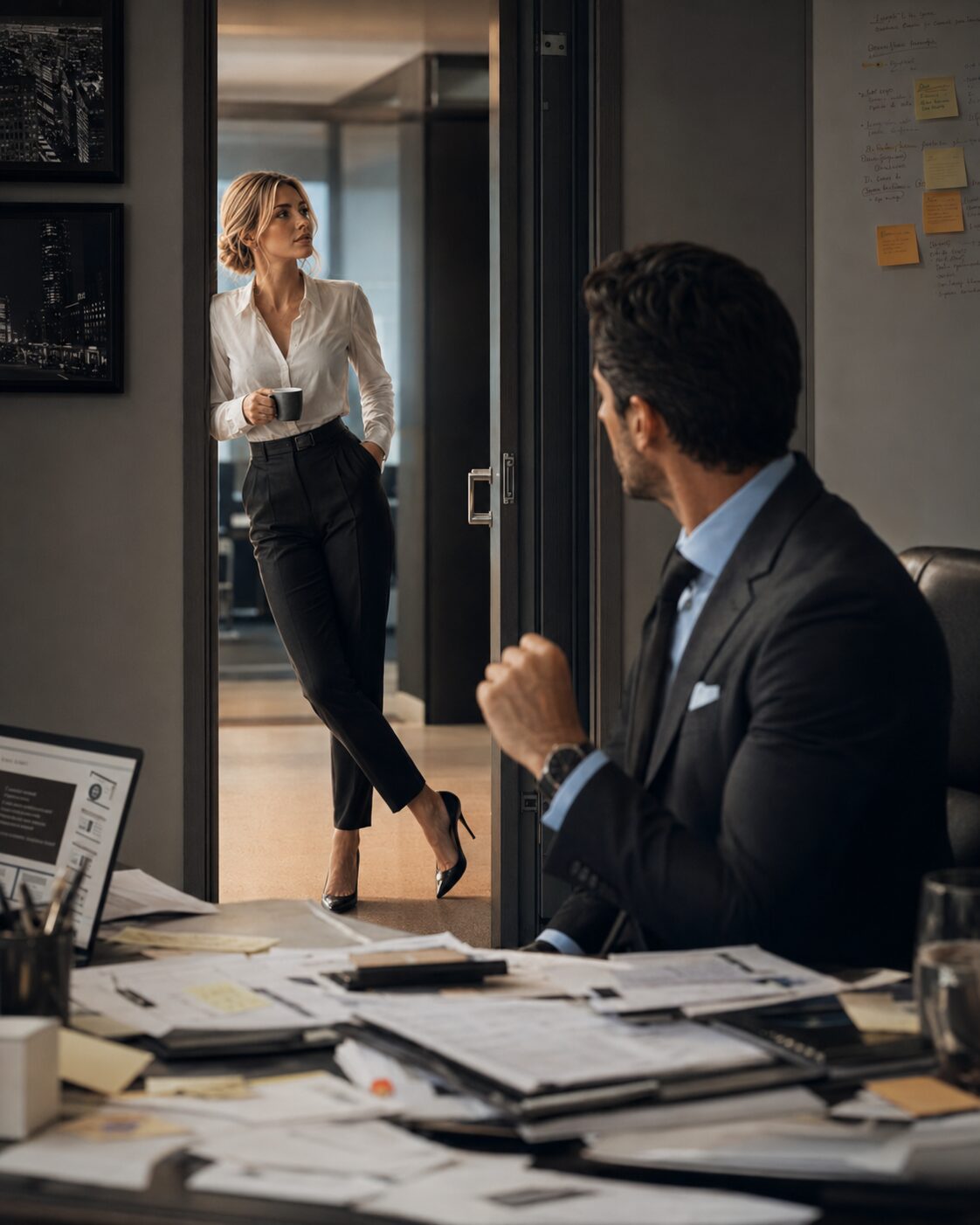 Lucia stands in the doorway of Lucas's office while he watches her from behind his desk.