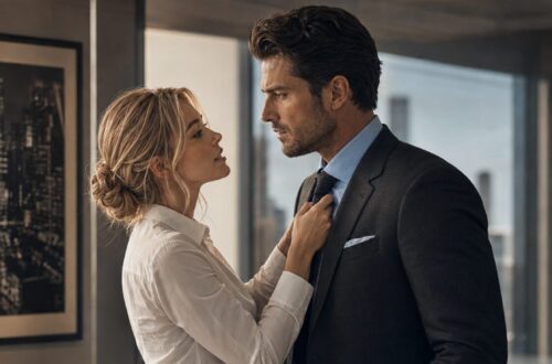 Lucia adjusts Lucas's tie in his office as he holds papers for an important business presentation.