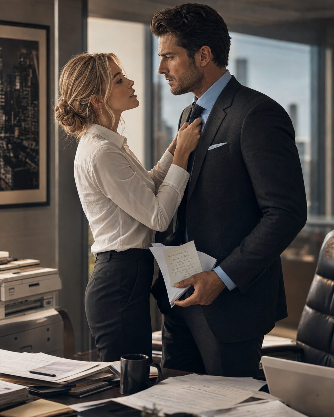 Lucia adjusts Lucas's tie in his office as he holds papers for an important business presentation.
