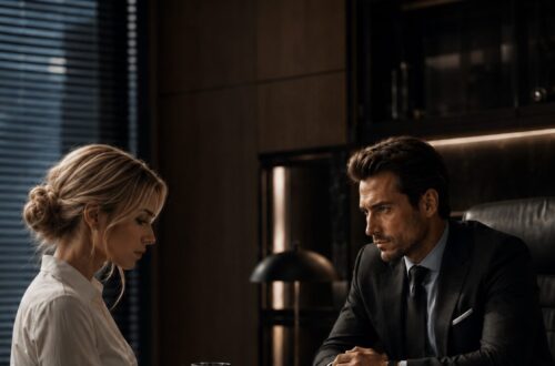 Lucia sits across from Lucas at his desk during a tense private conversation in his office.