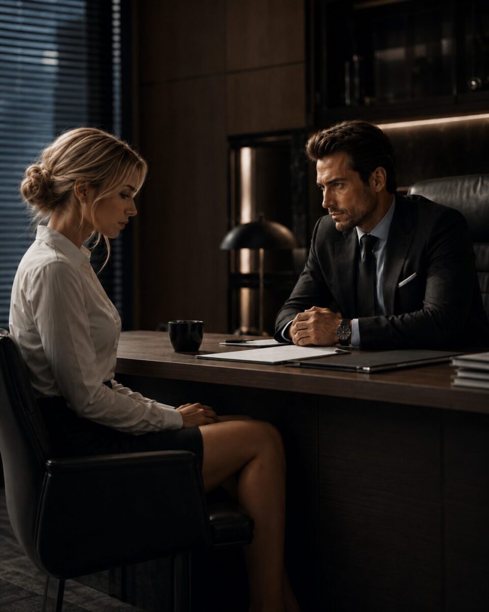 Lucia sits across from Lucas at his desk during a tense private conversation in his office.