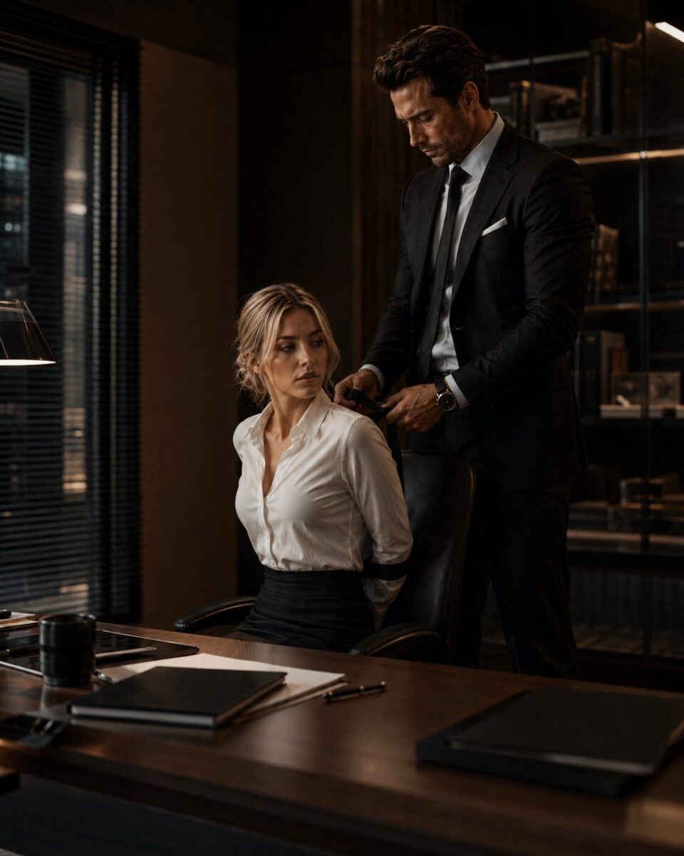 Lucas and Lucia face each other in his office during an increasingly tense confrontation.