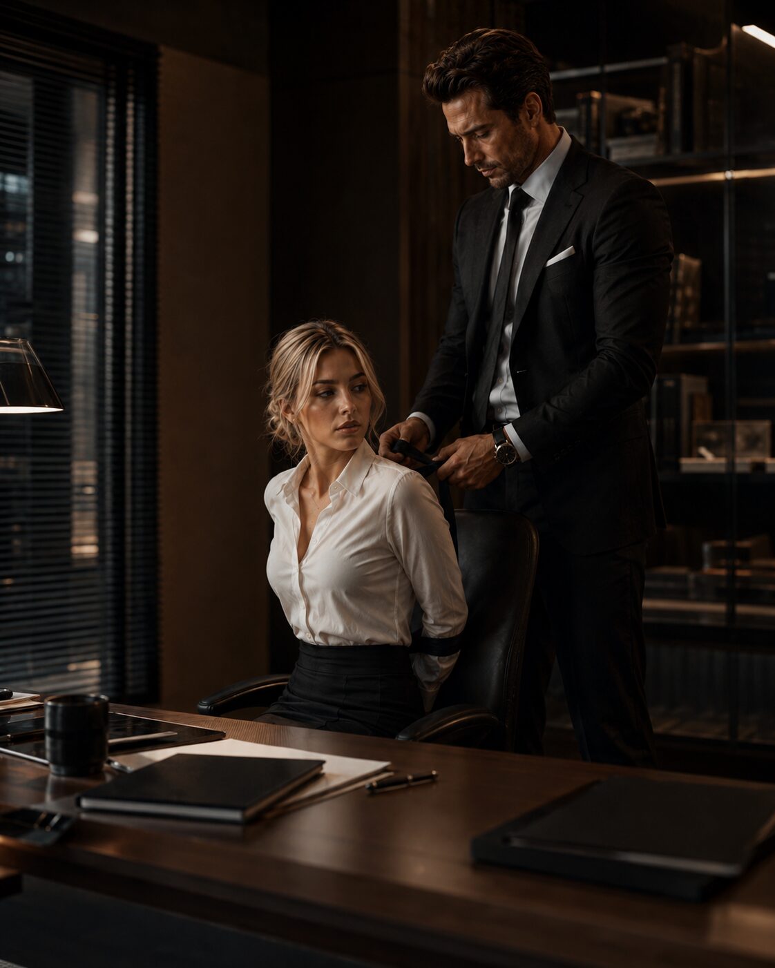 Lucas and Lucia face each other in his office during an increasingly tense confrontation.