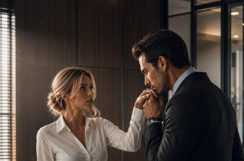 Lucas kisses Lucia's hand as they stand together beside his desk in a modern office.