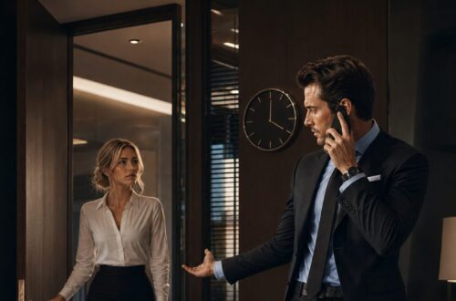 Lucas speaks on the phone in his office while Lucia watches him from the doorway beside a wall clock.
