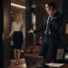 Lucas speaks on the phone in his office while Lucia watches him from the doorway beside a wall clock.