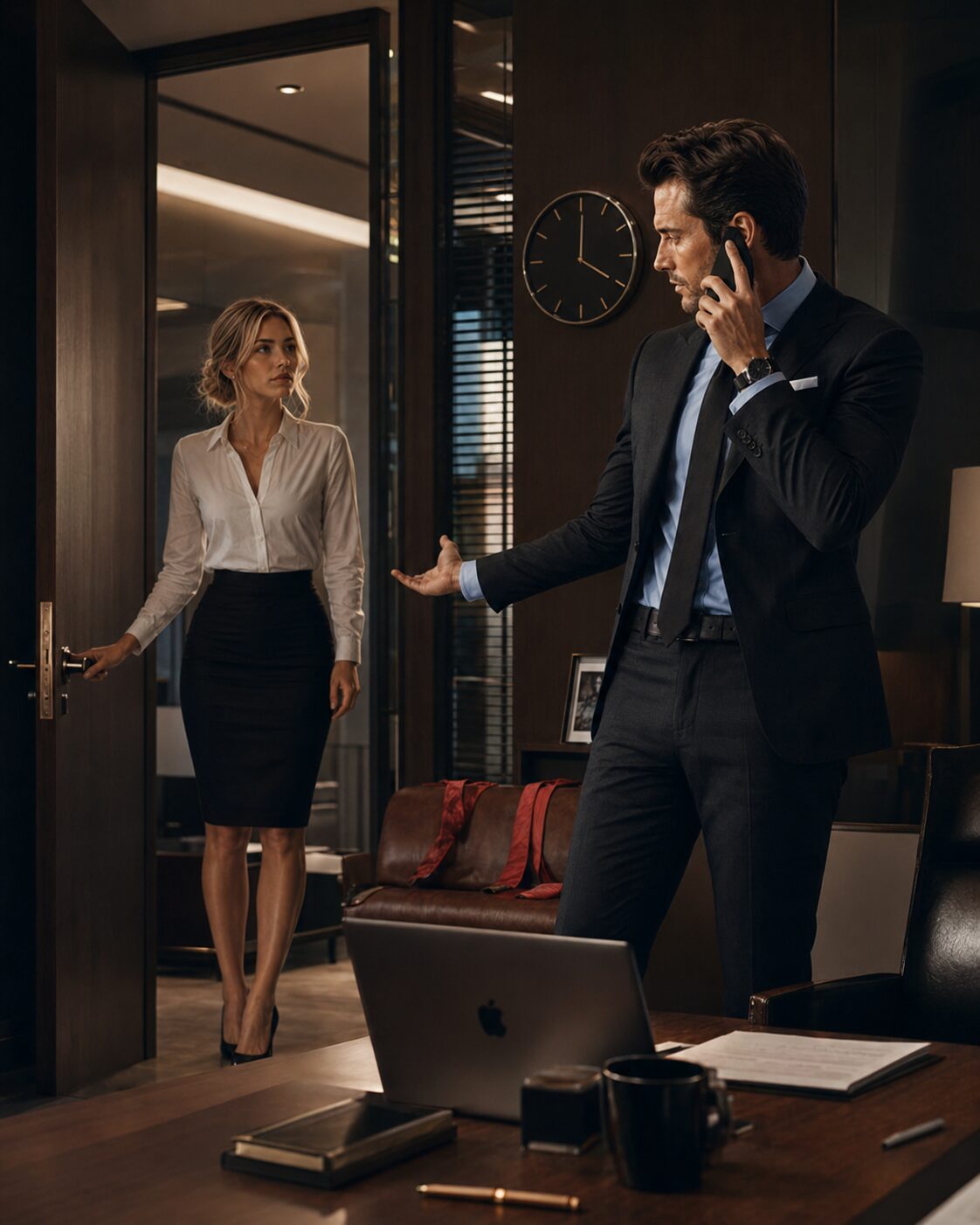 Lucas speaks on the phone in his office while Lucia watches him from the doorway beside a wall clock.