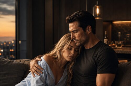 Lucia rests against Lucas on a couch while he holds her close after an intense evening together.