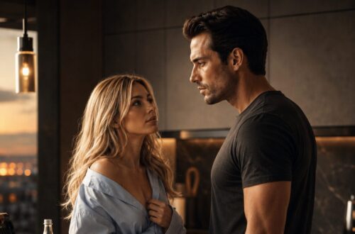 Lucia sits on a kitchen counter in an oversized shirt while Lucas stands close beside her in a black T-shirt.